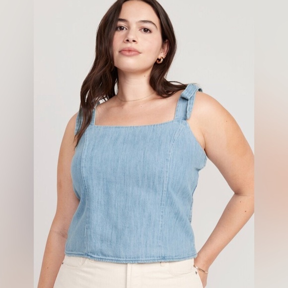 NWT! Old Navy Light Wash Fitted Tie-Shoulder Cropped Jean Corset Cami Top 🤎 - Picture 1 of 9